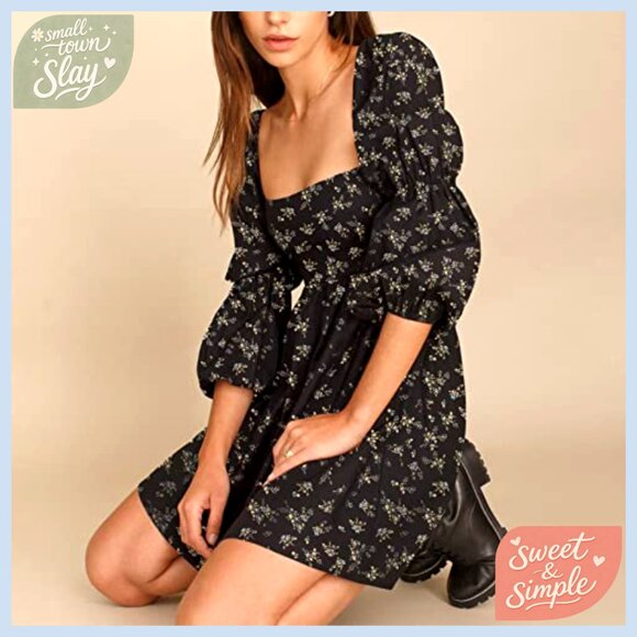 Square Neck Puff Sleeve Mini Dress A-Line Casual Long Sleeve - Picture 4 of 7
